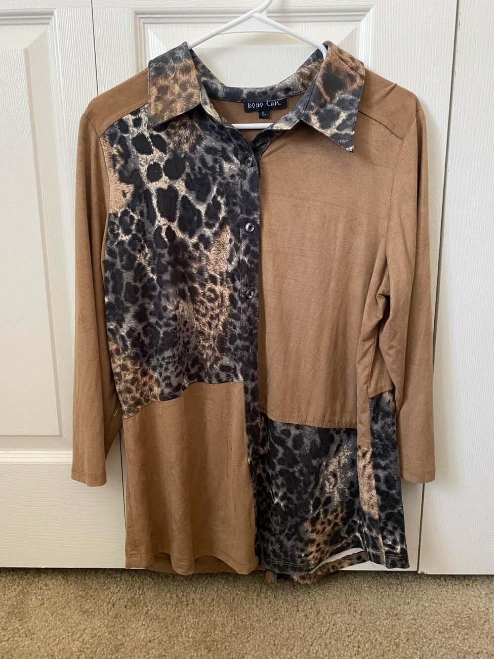 Boho Chic Women's Size L Leopard Print Patchwork Button Down Shirt - Picture 10 of 10